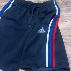 Adidas Men's Black Shorts with Red, Blue, and White‎ Stripes